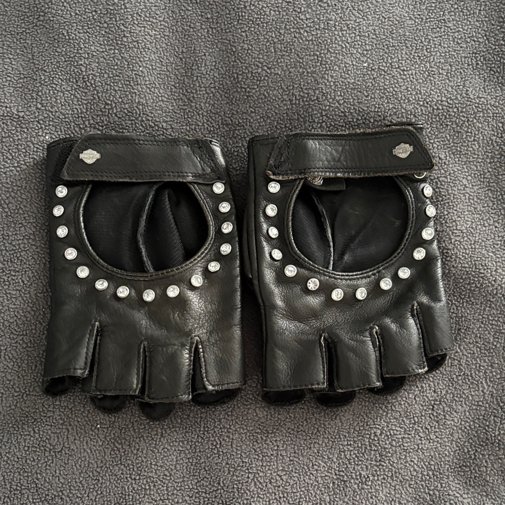 Black Leather Rhinestone Studded Fingerless Gloves